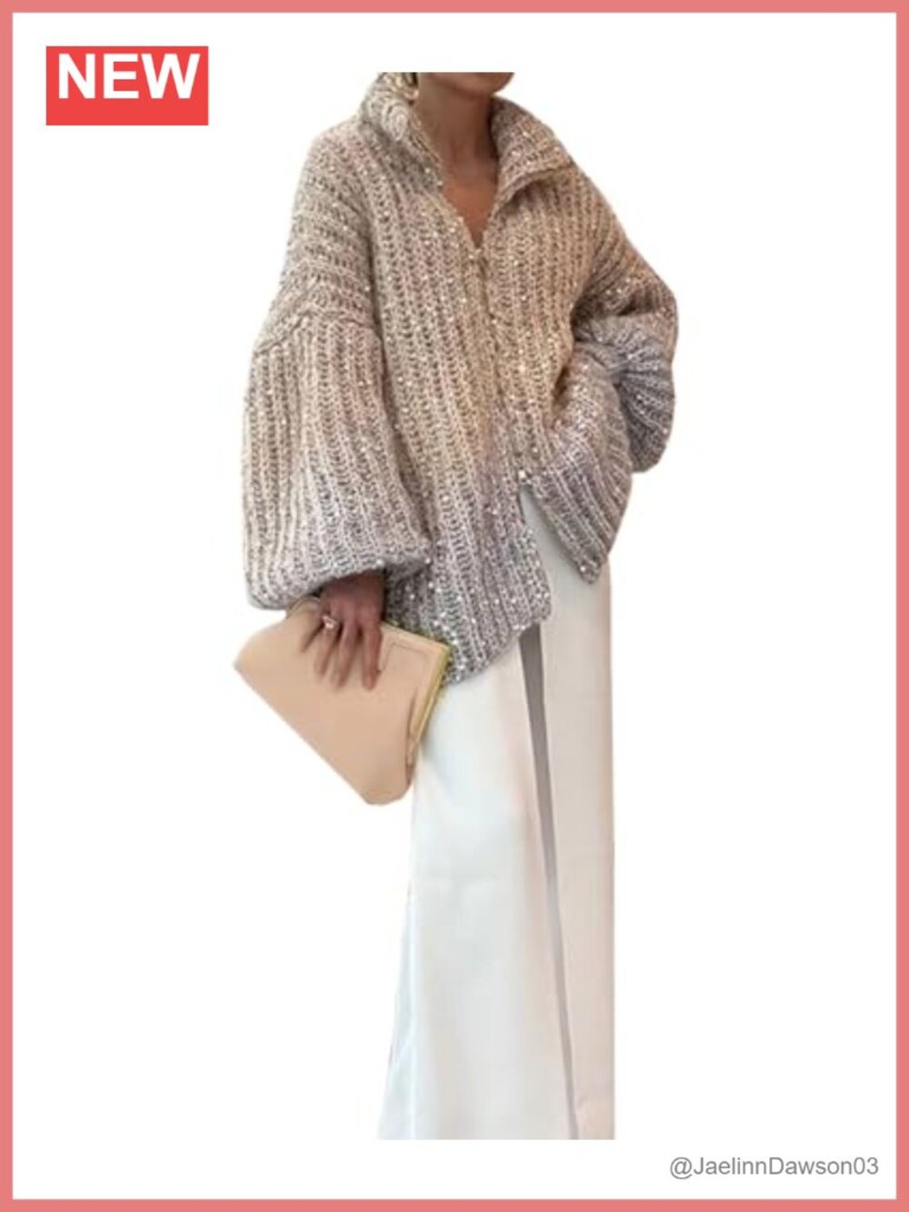 Oversized Sequin Zip Up Cardigan Sweater V Neck Long Sleeve